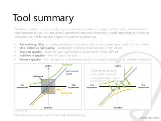 Tool summary
The Kano model is a tool to analyze customer needs in relation to expected satisfaction/excitement. It
helps ...