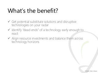 What’s the benefit?
 Get potential substitute solutions and disruptive
technologies on your radar
 Identify “dead ends” ...