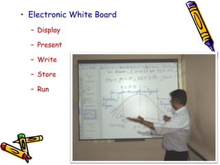 • Electronic White Board
– Display
– Present
– Write
– Store
– Run
 