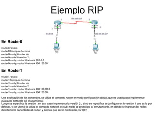 Ejemplo RIP
En Router0
router0>enable
router0#configure terminal
router0(config)#router rip
router0(config)#version 2
rout...
