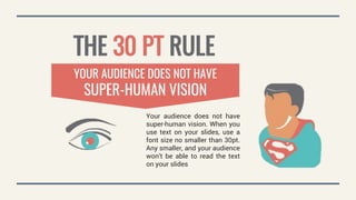 THE 30 PT RULE
YOUR AUDIENCE DOES NOT HAVE
SUPER-HUMAN VISION
Your audience does not have
super-human vision. When you
use text on your slides, use a
font size no smaller than 30pt.
Any smaller, and your audience
won’t be able to read the text
on your slides
 