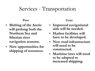 Services - Transportation Pros Melting of the Arctic will prolong both the Northern Sea and Siberian river navigation seasons. New opportunities for shipping of resources. Cons Improved navigational aids will be needed. Harbor facilities will have to be developed. New road infrastructure will need to be constructed. Maritime laws will need to be adapted to increased shipping. 