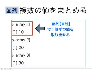 配列 複数の値をまとめる

               > array[1]    配列[番号]
                            で１個ずつ値を
               [1] 10
                             取り出せる
               > array[2]

               [1] 20

               > array[3]

               [1] 30
12年10月20日土曜日
 