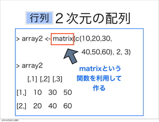 行列        ２次元の配列
          > array2 <- matrix(c(10,20,30,  

                                40,50,60), 2, 3)

          > array2              matrixという
               [,1] [,2] [,3]   関数を利用して
                                   作る
          [1,] 10 30 50

          [2,] 20 40 60
12年10月20日土曜日
 