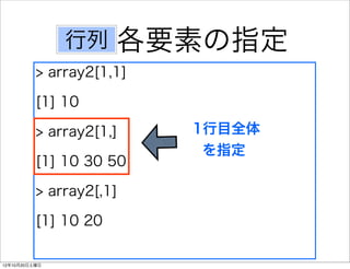 行列     各要素の指定
          > array2[1,1]

          [1] 10

          > array2[1,]    1行目全体
                           を指定
          [1] 10 30 50

          > array2[,1]

          [1] 10 20

12年10月20日土曜日
 