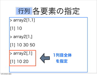 行列     各要素の指定
          > array2[1,1]

          [1] 10

          > array2[1,]

          [1] 10 30 50

          > array2[,1]    1列目全体
          [1] 10 20        を指定

12年10月20日土曜日
 