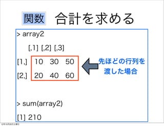 関数        合計を求める
          > array2

               [,1] [,2] [,3]

          [1,] 10 30 50         先ほどの行列を
                                 渡した場合
          [2,] 20 40 60



          > sum(array2)

          [1] 210
12年10月20日土曜日
 