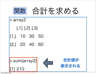関数        合計を求める
          > array2

               [,1] [,2] [,3]

          [1,] 10 30 50

          [2,] 20 40 60



          > sum(array2)          合計値が
                                表示される
          [1] 210
12年10月20日土曜日
 