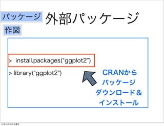パッケージ
                  外部パッケージ
  作図


     > install.packages( ggplot2 )

     > library("ggplot2")              CRANから
                                      パッケージ
                                     ダウンロード＆
                                      インストール

12年10月20日土曜日
 