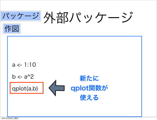 パッケージ
                    外部パッケージ
  作図



       a <- 1:10

       b <- a^2         新たに
       qplot(a,b)     qplot関数が
                        使える

12年10月20日土曜日
 