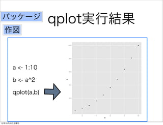 パッケージ
                    qplot実行結果
  作図



       a <- 1:10

       b <- a^2

       qplot(a,b)




12年10月20日土曜日
 