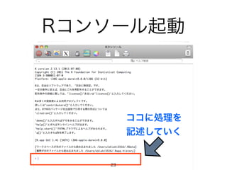 Rコンソール起動 
ココに処理を 
記述していく 
23 
 