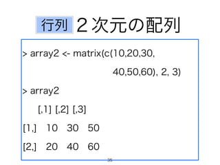２次元の配列 
行列 
> array2 <- matrix(c(10,20,30, 　 
40,50,60), 2, 3) 
> array2 
[,1] [,2] [,3] 
[1,] 10 30 50 
[2,] 20 40 60 
35 
 