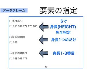 要素の指定 
> x$HEIGHT 
[1] 158 162 177 173 166 
! 
> x$HEIGHT[1] 
[1] 158 
! 
> x$HEIGHT[1:3] 
[1] 158 162 177 
$で 
身長(HEIGHT) 
を全指定 
データフレーム 
身長1つめだけ 
身長1-3番目 
42 
 