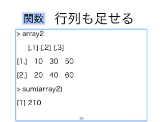 行列も足せる 
関数 
> array2 
[,1] [,2] [,3] 
[1,] 10 30 50 
[2,] 20 40 60 
> sum(array2) 
[1] 210 
50 
 