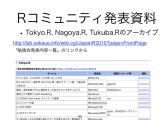 Rコミュニティ発表資料 
• Tokyo.R, Nagoya.R, Tukuba.Rのアーカイブ 
http://lab.sakaue.info/wiki.cgi/JapanR2010?page=FrontPage 
「勉強会発表内容一覧」のリンクから 
86 
 