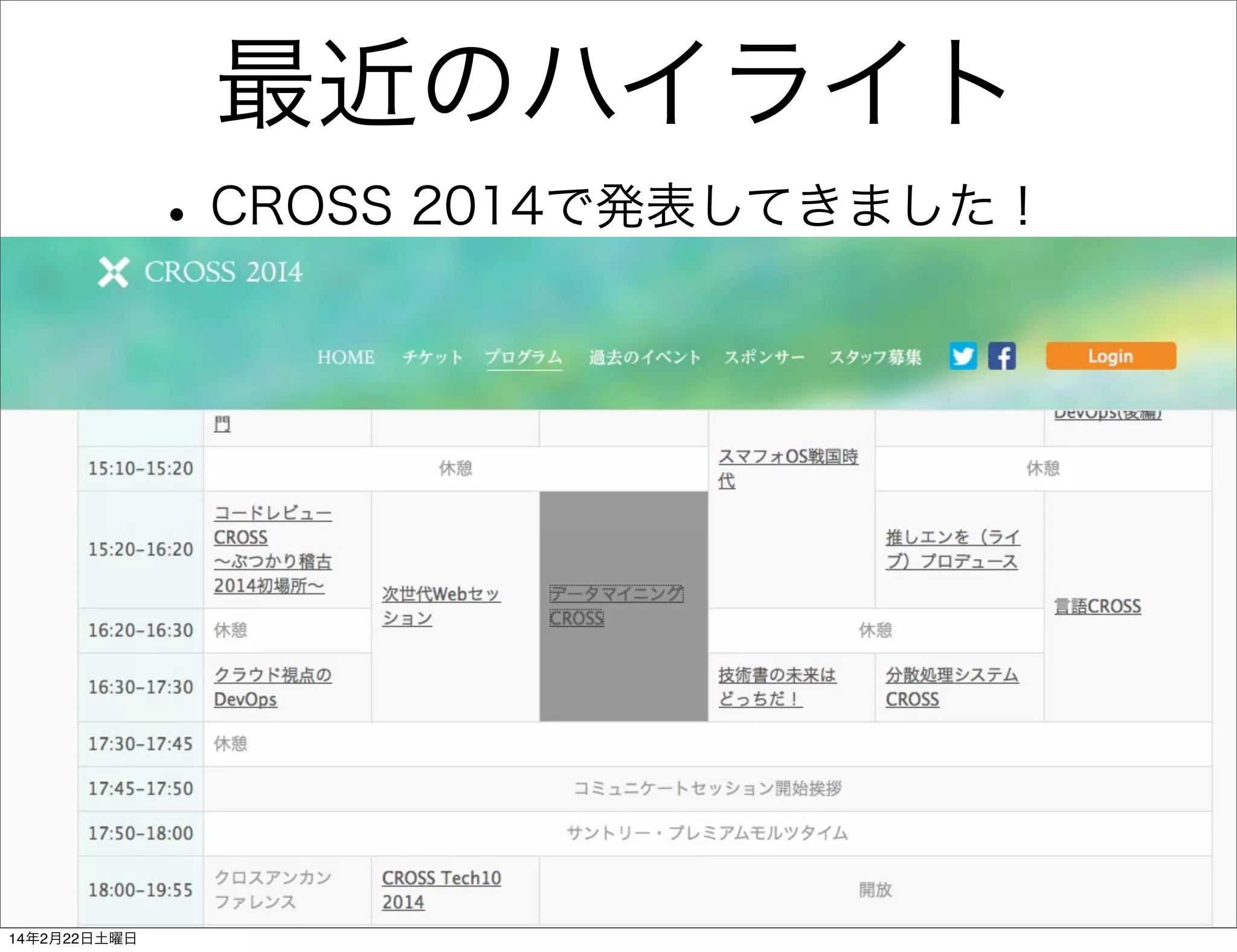 最近のハイライト
• CROSS 2014で発表してきました！

14年2月22日土曜日

 
