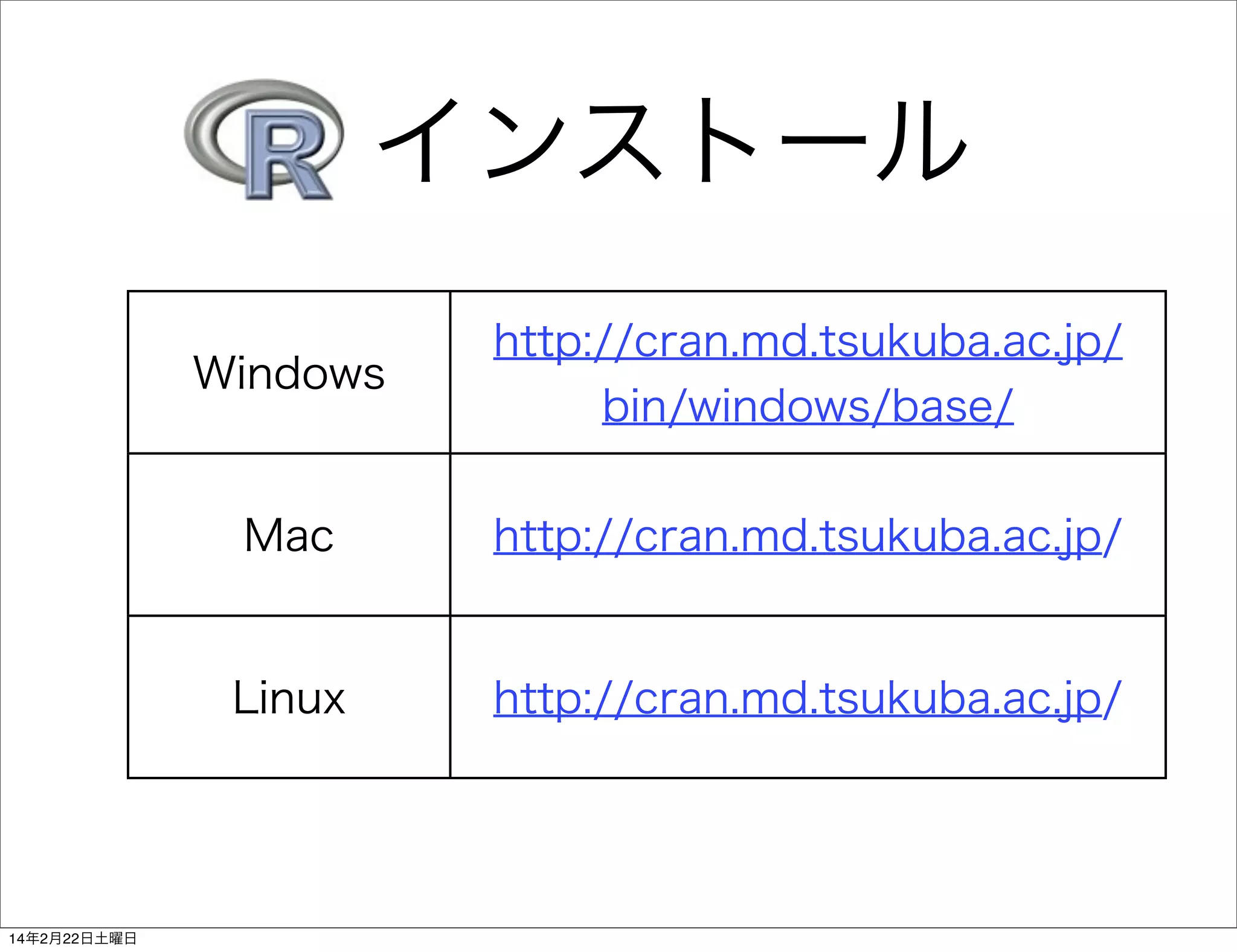 インストール
Windows

Mac

http://cran.md.tsukuba.ac.jp/

Linux

14年2月22日土曜日

http://cran.md.tsukuba.ac.jp/
bin/windows/base/

http://cran.md.tsukuba.ac.jp/

 
