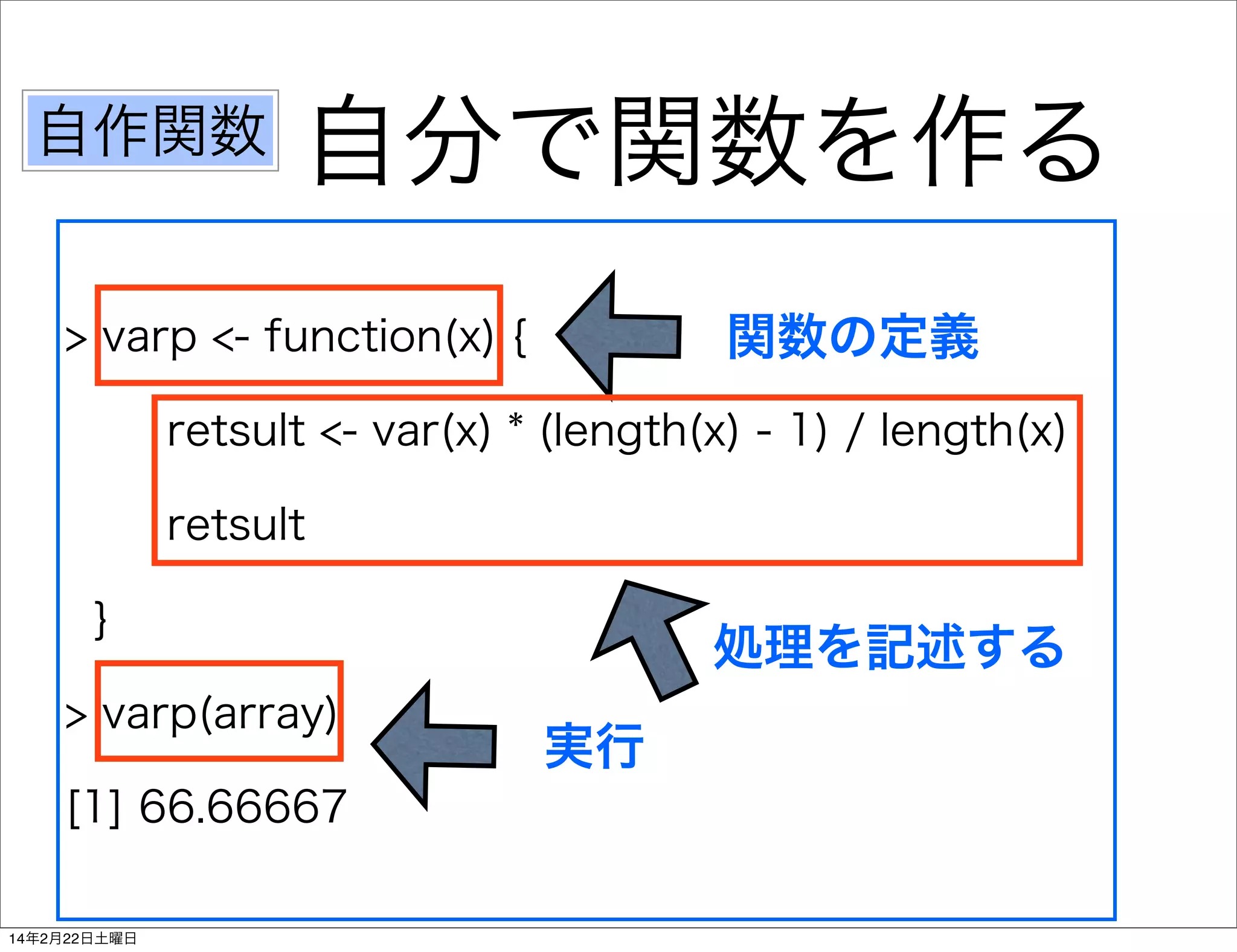 自作関数

自分で関数を作る
関数の定義

> varp <- function(x) {

retsult <- var(x) * (length(x) - 1) / length(x)
retsult
}
> varp(array)
[1] 66.66667
14年2月22日土曜日

処理を記述する
実行

 