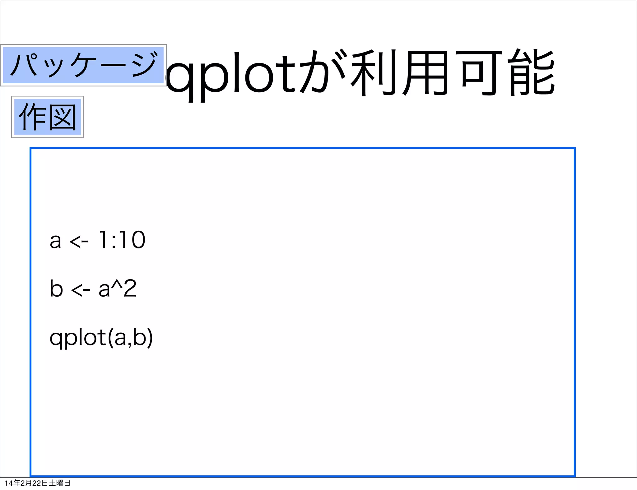 パッケージ
作図

a <- 1:10
b <- a^2
qplot(a,b)

14年2月22日土曜日

qplotが利用可能

 
