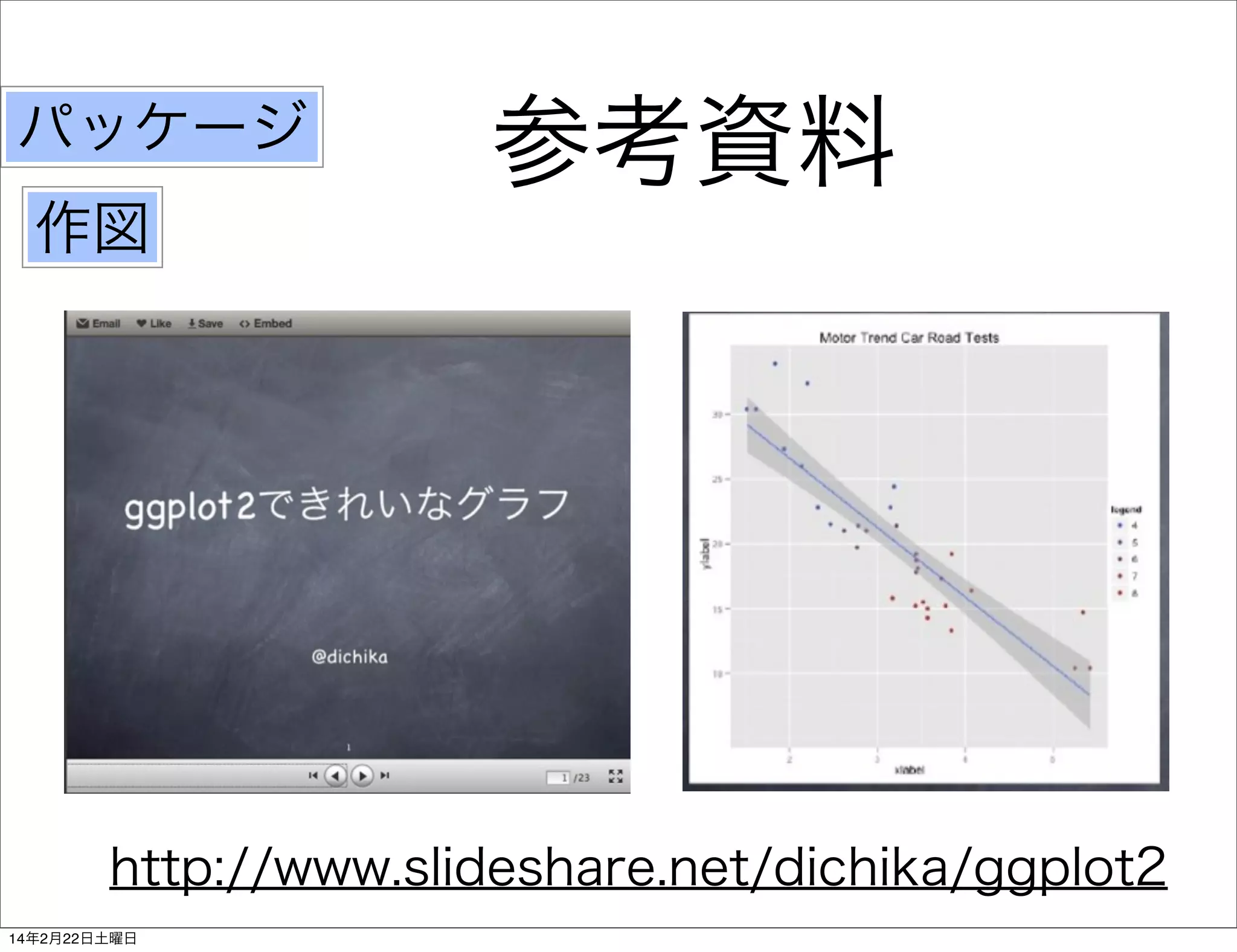 パッケージ

参考資料

作図

http://www.slideshare.net/dichika/ggplot2
14年2月22日土曜日

 