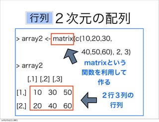 行列

２次元の配列

> array2 <- matrix(c(10,20,30,  
40,50,60), 2, 3)
> array2
[,1] [,2] [,3]
[1,] 10 30 50
[2,] 20 40 60
14年2月22日土曜日

matrixという
関数を利用して
作る
２行３列の
行列

 