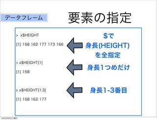 データフレーム
> x$HEIGHT
[1] 158 162 177 173 166

> x$HEIGHT[1]
[1] 158

> x$HEIGHT[1:3]
[1] 158 162 177

14年2月22日土曜日

要素の指定
$で
身長(HEIGHT)
を全指定
身長1つめだけ

身長1-3番目

 
