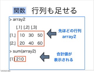 関数

行列も足せる

> array2
[,1] [,2] [,3]
[1,] 10 30 50

先ほどの行列
array2

[2,] 20 40 60
> sum(array2)
[1] 210
14年2月22日土曜日

合計値が
表示される

 