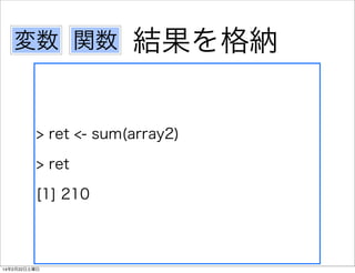 変数 関数

結果を格納

> ret <- sum(array2)
> ret
[1] 210

14年2月22日土曜日

 