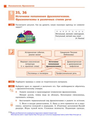 112
Лексикология. Фразеология
§ 35, 36
Источники пополнения фразеологизмов.
Фразеологизмы в  различных стилях речи
249 Рассмотрите рисунок. Как вы думаете, какую языковую единицу он символи-
зирует?
Исторические события,
реалии жизни
Священное Писание
(библеизмы)
Мировая классическая
литература
(т.  н. крылатые слова)
Источники
пополнения
фразеологизмов
Древнегреческая
и  древнеримская
мифология
Пословицы и  поговорки Профессиональная речь
250 Подберите примеры к  схеме из теоретического материала.
251 Выберите одно из заданий и  выполните его. При необходимости обратитесь
к  фразеологическому словарю.
А Укажите значение и  происхождение (этимологию) фразеологизмов.
Нищие духом, темна вода во облацех, бесплодная смоковница,
оцеживать комара.
Б Восстановите первоначальный вид фразеологизмов и  укажите их источник.
1. Волк в шкуре джентльмена. 2. Зиму и лето одевается он в пару-
синку, питается селедкой и акридами. 3. (Газетные заголовки) Калий
раздора. Игры чужой воли. Слоновьи нежности. Подающие одежды.
Метальный, звонкий, самогудный,
Разгульный, меткий наш язык!
(Н. Языков)
Исторические события,
реалии жизни
Священное Писание
(библеизмы)
Мировая классическая
литература
(т.  н. крылатые слова)
Источники
пополнения
фразеологизмов
Древнегреческая
и  древнеримская
мифология
Пословицы и  поговорки Профессиональная речь
Право для безоплатного розміщення підручника в мережі Інтернет має
Міністерство освіти і науки України http://mon.gov.ua/ та Інститут модернізації змісту освіти https://imzo.gov.ua
 