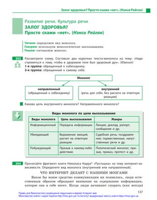 137
Залог здоровья? Просто скажи «нет». (Нэнси Рейган)
Развитие речи. Культура речи
ЗАЛОГ ЗДОРОВЬЯ?
Просто скажи «нет». (Нэнси Рейган)
Читаем: определяем вид монолога.
Говорим: используем монологические высказывания.
Пишем: составляем монолог.
303 Рассмотрите схему. Составьте два коротких текста-монолога на тему: «Надо
стремиться к  тому, чтобы в  здоровом теле был здоровый дух». (Ювенал)
1-я группа: обращенный к  собеседнику.
2-я группа: обращенный к  самому себе.
Монолог
направленный
(обращенный к  собеседнику)
внутренний
(речь для себя, без расчета на ответную
реакцию)
Какова цель внутреннего монолога? Направленного монолога?
Виды монолога по цели высказывания
Виды монолога Цель высказывания Жанры
Информационный Передача информации Лекция, доклад, рапорт,
сообщение и  др.
Убеждающий Выражение эмоций,
расчет на ответную
реакцию
Судебная речь; поздравле-
ние; торжественные, напут-
ственные речи и  др.
Побуждающий Призыв к  какому-либо
действию
Политический монолог, при-
зыв, приказ, протест и  др.
304 Прочитайте фрагмент книги Николаса Карра* «Пустышка» на тему интернет-за-
висимости. Определите вид монолога (внутренний или направленный).
ЧТО ИНТЕРНЕТ ДЕЛАЕТ С НАШИМИ МОЗГАМИ
Какое бы новое средство коммуникации ни появилось, люди есте-
ственным образом обращают внимание на содержание информации,
которое она в себе несет. Когда люди начинают спорить (как всегда)
Виды монолога по цели высказывания
Виды монолога Цель высказывания Жанры
Информационный Передача информации Лекция, доклад, рапорт,
сообщение и  др.
Убеждающий Выражение эмоций,
расчет на ответную
реакцию
Судебная речь; поздравле-
ние; торжественные, напут-
ственные речи и  др.
Побуждающий Призыв к  какому-либо
действию
Политический монолог, при-
зыв, приказ, протест и  др.
Право для безоплатного розміщення підручника в мережі Інтернет має
Міністерство освіти і науки України http://mon.gov.ua/ та Інститут модернізації змісту освіти https://imzo.gov.ua
 