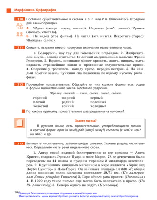 142
Морфология. Орфография
310 Поставьте существительные в  скобках в  В.  п. или Р.  п. Обменяйтесь тетрадями
для взаимопроверки.
А Ждать (сестра, поезд, письмо). Нарезать (хлеб, овощи). Купить
(молоко, сметана).
Б Не видел (этот фильм). Не читал (эта книга). Встретить (Тарас).
Жаждать (слово).
311 Спишите, вставляя вместо пропусков окончания единственного числа.
1. Белорусск.. ноу-хау для гомельских подъездов. 2. Изобретате-
лем вкусн.. эскимо считается 11-летний американский мальчик Фрэнк
Эпперсон. 3. Взросл.. шимпанзе может хрюкать, лаять, пищать, выть,
издавать страннейшие вопли и протяжные оглушительные крики.
4. Оперение у тропическ.. какаду яркое, нередко пестрое. 5. На каж-
дый ломтик зелен.. цуккини она положила по одному кусочку рыбн..
филе.
312 Прочитайте прилагательные. Образуйте от них краткие формы всех родов
и  формы множественного числа. Расставьте ударения.
Образец: свежий — свеж, свежа5, свежо5, све5жи5.
горячий жаркий верный
плохой редкий полезный
холостой тонкий холодный
По какому принципу прилагательные распределены на колонки?
Знаете ли вы?
В русском языке есть прилагательные, употребляющиеся только
в краткой форме: прав (в чем?), рад (кому? чему?), согласен (с кем? с чем?
на что?) и  др.
313 Выпишите числительные, заменяя цифры словами. Укажите разряд числитель-
ных. Определите часть речи выделенного слова.
1. Автор самой ходовой беллетристики во все времена — Агата
Кристи, создатель Эркюля Пуаро и мисс Марпл. 78 ее детективов были
переведены на 44 языка и проданы тиражом 2 миллиарда экземпля-
ров. 2. Крупнейшим книжным магазином в мире является «Барнс энд
Ноубл Букстор» в Нью-Йорке. Он занимает площадь 14 330 м2
; общая
длина книжных полок магазина составляет 20,71 км. (По материа-
лам Книги рекордов Гиннесса) 3. Горе одного рака красит. (Пословица)
4. В 1929 году такое письмо еще могло быть напечатано в прессе. (По
Ю. Анненкову) 5. Семеро одного не ждут. (Пословица)
Право для безоплатного розміщення підручника в мережі Інтернет має
Міністерство освіти і науки України http://mon.gov.ua/ та Інститут модернізації змісту освіти https://imzo.gov.ua
 
