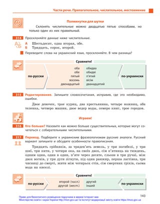 143
Части речи. Прилагательное, числительное, местоимение
Полминутки для шутки
Склонять числительные можно двадцатью пятью способами, но
только один из них правильный.
314 Просклоняйте данные ниже числительные.
А Шестьдесят, одна вторая, обе.
Б Тридцать, сорок, второй.
Переведите слова на украинский язык, просклоняйте. В  чем разница?
Сравните!
по-русски
оба
обе
пятый
восемь
двенадцатый
обидва
обидві
п’ятий
вісім
дванадцятий
по-украински
315 Редактирование. Запишите словосочетания, исправив, где это необходимо,
ошибки.
Двое девочек, трое куриц, два крестьянина, четыре ножниц, оба
теленка, четверо машин, двое ведер воды, семеро книг, трое городов.
Играем!
316 Кто больше? Назовите как можно больше существительных, которые могут со-
четаться с  собирательными числительными.
317 Перевод. Подберите к  украинским фразеологизмам русские аналоги. Русский
вариант запишите и  обсудите особенности правописания.
Тридцять срібняків, за тридев’ять земель, у три погибелі, у три
шиї, три кити, у чотири ока, на своїх двох, сім п’ятниць на тиждень,
одним один, один в один, п’яте через десяте, сльози в три ручаї, між
двох вогнів, у три дуги зігнути, під один ранжир, перша ластівка, три
чисниці до смерті, жити між чотирьох стін, сім смертних гріхів, сьома
вода на киселі.
Сравните!
по-русски
второй (числ.)
другой (мест.)
другий
інший
по-украински
Право для безоплатного розміщення підручника в мережі Інтернет має
Міністерство освіти і науки України http://mon.gov.ua/ та Інститут модернізації змісту освіти https://imzo.gov.ua
 
