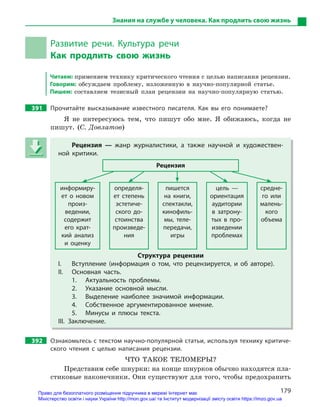 179
Знания на службе у человека. Как продлить свою жизнь
Развитие речи. Культура речи
Как продлить свою жизнь
Читаем: применяем технику критического чтения с целью написания рецензии.
Говорим: обсуждаем проблему, изложенную в научно-популярной статье.
Пишем: составляем тезисный план рецензии на научно-популярную статью.
391 Прочитайте высказывание известного писателя. Как вы его понимаете?
Я не интересуюсь тем, что пишут обо мне. Я обижаюсь, когда не
пишут. (С. Довлатов)
Рецензия  — жанр журналистики, а  также научной и  художествен-
ной критики.
Рецензия
информиру-
ет о  новом
произ-
ведении,
содержит
его крат-
кий анализ
и  оценку
определя-
ет степень
эстетиче-
ского до-
стоинства
произведе-
ния
пишется
на книги,
спектакли,
кинофиль-
мы, теле-
передачи,
игры
цель  —
ориентация
аудитории
в  затрону-
тых в  про-
изведении
проблемах
средне-
го или
малень-
кого
объема
Структура рецензии
І. Вступление (информация о  том, что рецензируется, и  об авторе).
ІІ. Основная часть.
1. Актуальность проблемы.
2. Указание основной мысли.
3. Выделение наиболее значимой информации.
4. Собственное аргументированное мнение.
5. Минусы и  плюсы текста.
ІІІ. Заключение.
392 Ознакомьтесь с текстом научно-популярной статьи, используя технику критиче-
ского чтения с  целью написания рецензии.
ЧТО ТАКОЕ ТЕЛОМЕРЫ?
Представим себе шнурки: на конце шнурков обычно находятся пла-
стиковые наконечники. Они существуют для того, чтобы предохранить
Рецензия  — жанр журналистики, а  также научной и  художествен-
ной критики.
Рецензия
информиру-
ет о  новом
произ-
ведении,
содержит
его крат-
кий анализ
и  оценку
определя-
ет степень
эстетиче-
ского до-
стоинства
произведе-
ния
пишется
на книги,
спектакли,
кинофиль-
мы, теле-
передачи,
игры
цель  —
ориентация
аудитории
в  затрону-
тых в  про-
изведении
проблемах
средне-
го или
малень-
кого
объема
Структура рецензии
І. Вступление (информация о  том, что рецензируется, и  об авторе).
ІІ. Основная часть.
1. Актуальность проблемы.
2. Указание основной мысли.
3. Выделение наиболее значимой информации.
4. Собственное аргументированное мнение.
5. Минусы и  плюсы текста.
ІІІ. Заключение.
Право для безоплатного розміщення підручника в мережі Інтернет має
Міністерство освіти і науки України http://mon.gov.ua/ та Інститут модернізації змісту освіти https://imzo.gov.ua
 