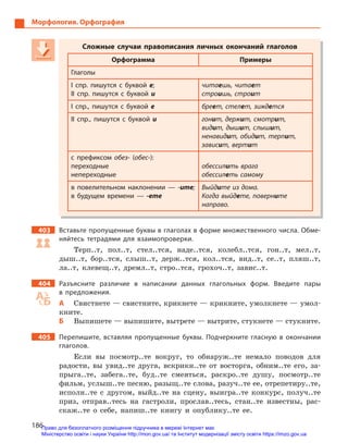 186
Морфология. Орфография
Сложные случаи правописания личных окончаний глаголов
Орфограмма Примеры
Глаголы
I спр. пишутся с  буквой е;
II спр. пишутся с  буквой и
читаешь, читает
строишь, строит
I спр., пишутся с  буквой е бреет, стелет, зиждется
II спр., пишутся с  буквой и гонит, держит, смотрит,
видит, дышит, слышит,
ненавидит, обидит, терпит,
зависит, вертит
с префиксом обез- (обес-):
переходные
непереходные
обессилить врага
обессилеть самому
в повелительном наклонении  — -ите;
в будущем времени  — -ете
Выйдите из дома.
Когда выйдете, поверните
направо.
403 Вставьте пропущенные буквы в глаголах в форме множественного числа. Обме-
няйтесь тетрадями для взаимопроверки.
Терп..т, пол..т, стел..тся, наде..тся, колебл..тся, гон..т, мел..т,
дыш..т, бор..тся, слыш..т, держ..тся, кол..тся, вид..т, се..т, пляш..т,
ла..т, клевещ..т, дремл..т, стро..тся, грохоч..т, завис..т.
404 Разъясните различие в  написании данных глагольных форм. Введите пары
в  предложения.
А Свистнете — свистните, крикнете — крикните, умолкнете — умол-
кните.
Б Выпишете — выпишите, вытрете — вытрите, стукнете — стукните.
405 Перепишите, вставляя пропущенные буквы. Подчеркните гласную в  окончании
глаголов.
Если вы посмотр..те вокруг, то обнаруж..те немало поводов для
радости, вы увид..те друга, вскрикн..те от восторга, обним..те его, за-
прыга..те, забега..те, буд..те смеяться, раскро..те душу, посмотр..те
фильм, услыш..те песню, разыщ..те слова, разуч..те ее, отрепетиру..те,
исполн..те с другом, выйд..те на сцену, выигра..те конкурс, получ..те
приз, отправ..тесь на гастроли, прослав..тесь, стан..те известны, рас-
скаж..те о себе, напиш..те книгу и опублику..те ее.
Сложные случаи правописания личных окончаний глаголов
Орфограмма Примеры
Глаголы
I спр. пишутся с  буквой е;
II спр. пишутся с  буквой и
читаешь, читает
строишь, строит
I спр., пишутся с  буквой е бреет, стелет, зиждется
II спр., пишутся с  буквой и гонит, держит, смотрит,
видит, дышит, слышит,
ненавидит, обидит, терпит,
зависит, вертит
с префиксом обез- (обес-):
переходные
непереходные
обессилить врага
обессилеть самому
в повелительном наклонении  — -ите;ите;ите
в будущем времени  — -ете
Выйдите из дома.
Когда выйдете, поверните
направо.
Право для безоплатного розміщення підручника в мережі Інтернет має
Міністерство освіти і науки України http://mon.gov.ua/ та Інститут модернізації змісту освіти https://imzo.gov.ua
 