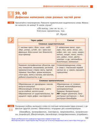199
Дефисное написание слов разных частей речи
§ 59, 60
Дефисное написание слов разных частей речи
429 Прочитайте стихотворение. Поясните правописание выделенного слова. Можно
ли написать по моему? В  каком случае?
«По-моему, уже не та я», —
Сосулька прошептала, тая.
(Р. Муха)
Через дефис Слитно
Сложные существительные
С частями пресс-, блок-, вице-, лейб-,
обер-, унтер-, штаб-, экс-: пресс-кон-
ференция, блок-сигнал (но:  блокпост),
вице-премьер
С элементами авто-, агро-,
аэро-, био-, вело-, гелио-, гео-,
гидро-, зоо-, изо-, кино-, макро-,
метео-, микро-, моно-, мото-,
нео-, радио-, теле-, фото-,
электро- и  др.: автомобиль,
биостанция, зоомагазин
Названия географических объектов, еди-
ниц измерения, механизмов, растений,
промежуточных сторон света, партий;
термины: Нью-Йорк, грамм-молекула,
стоп-кран, мать-и-мачеха, юго-восток,
радикал-социалисты и  др.
Сложносокращенные слова
и  слова с  глагольной первой
частью на -и: завхоз, горицвет,
сорвиголова
Сложные прилагательные
Образованные от однородных членов:
выпукло-вогнутый.
Обозначающие оттенки вкуса, цвета:
кисло-сладкий, желто-синий.
Образованные от существительных, пи-
шущихся через дефис: нью-йоркский
Образованные от словосо-
четаний: железнодорожный,
вагоноремонтный.
Термины: дикорастущий.
NB! Следует различать: дико-
растущие кустарники — дико
растущие бакенбарды
430 Раскрывая скобки, выпишите слова со слитным написанием (один ученик); с де-
фисным (другой ученик). Обменяйтесь тетрадями для взаимопроверки.
(Авиа)база, (северо)восток, (авто)дело, (верти)шейка, (агро)техни-
ка, (аэро)клуб, (био)станция, (вело)спорт, (гидро)механика, (гори)цвет,
Через дефис Слитно
Сложные существительные
С частями пресс-, блок-,пресс-, блок-,пресс-, блок вице-, лейб-,
обер-, унтер-, штаб-, экс-: пресс-кон-
ференция, блок-сигнал (но:  блокпост),
вице-премьер
С элементами авто-, агро-,
аэро-, био-, вело-, гелио-, гео-,
гидро-, зоо-, изо-, кино-, макро-,
метео-, микро-, моно-, мото-,
нео-, радио-, теле-, фото-,
электро- и  др.: автомобиль,
биостанция, зоомагазин
Названия географических объектов, еди-
ниц измерения, механизмов, растений,
промежуточных сторон света, партий;
термины: Нью-Йорк,Нью-Йорк,Нью-Йорк грамм-молекула,
стоп-кран, мать-и-мачеха, юго-восток,
радикал-социалисты и  др.
Сложносокращенные слова
и  слова с  глагольной первой
частью на -и: завхоз, горицвет,
сорвиголова
Сложные прилагательные
Образованные от однородных членов:
выпукло-вогнутый.
Обозначающие оттенки вкуса, цвета:
кисло-сладкий, желто-синий.
Образованные от существительных, пи-
шущихся через дефис: нью-йоркский
Образованные от словосо-
четаний: железнодорожный,
вагоноремонтный.
Термины: дикорастущий.
NB! Следует различать: дико-
растущие кустарники — дико
растущие бакенбарды
Право для безоплатного розміщення підручника в мережі Інтернет має
Міністерство освіти і науки України http://mon.gov.ua/ та Інститут модернізації змісту освіти https://imzo.gov.ua
 