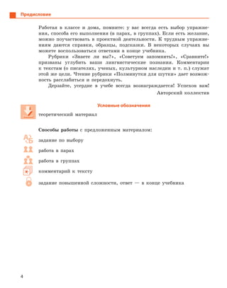4
Предисловие
Работая в классе и дома, помните: у вас всегда есть выбор упражне-
ния, способа его выполнения (в парах, в группах). Если есть желание,
можно поучаствовать в проектной деятельности. К трудным упражне-
ниям даются справки, образцы, подсказки. В некоторых случаях вы
можете воспользоваться ответами в конце учебника.
Рубрики «Знаете ли вы?», «Советуем запомнить!», «Сравните!»
призваны углубить ваши лингвистические познания. Комментарии
к текстам (о писателях, ученых, культурном наследии и т. п.) служат
этой же цели. Чтение рубрики «Полминутки для шутки» дает возмож-
ность расслабиться и передохнуть.
Дерзайте, усердие в учебе всегда вознаграждается! Успехов вам!
Авторский коллектив
Условные обозначения
теоретический материал
Способы работы с предложенным материалом:
задание по выбору
работа в парах
работа в группах
комментарий к тексту
задание повышенной сложности, ответ — в конце учебника
 