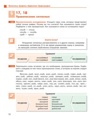 52
Фонетика. Графика. Орфоэпия. Орфография
§ 17, 18
Правописание согласных
109 Лингвистическое исследование. Отыщите пары слов, которые представляют
собой точные рифмы. Почему вы так считаете? Как называются такие слова?
Подберите к  ним проверочные. Как называются слова из оставшейся пары?
столб — столп
го5лубь — голу5бь
гриб — грипп
Знаете ли вы?
Оглушение согласных распространено и  в других языках, например
в  немецком, английском. В  то же время украинскому языку в  значитель-
но меньшей степени свойственно оглушение звонких.
Сравните!
по-русски
ненави5стный
пристра5стный
нена5висний
при5страсний
по-украински
110 Перепишите слова, вставляя, где это необходимо, пропущенные буквы. Подбе-
рите к каждому из них такое однокоренное слово, в котором за корнем следует
гласный.
Безглас..ный, вкус..ный, влас..ный, гиган..ский, горес..ный, гро-
моз..кий, доблес..ный, захолус..ный, интерес..ный, комендан..ский,
корыс..ный, кос..ный (мозг), кос..ные (взгляды), мес..ный, ненас..ный,
объез..чик, окрес..ность, опас..ный, пос..лать (письмо), пос..лать (по-
стель), прелес..ный, сверс..ник, сер..це, словес..ный, сол..це, трос..-
ник, ужас..ный, ус..ный, хлес..нуть, хрус..нуть, целос..ный, чес..во-
вать, чудес..ный, ярос..ный.
Сравните!
по-русски
сердце
счастливый
выездной
безжалостный
бескорыстный
доблестный
серце
щасливий
виїзний
безжалісний
безкорисливий
доблесний
по-украински
 