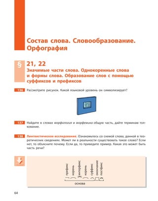 64
Состав слова. Словообразование. Орфография
Состав слова. Словообразование.
Орфография
§ 21, 22
Значимые части слова. Однокоренные слова
и  формы слова. Образование слов с  помощью
суффиксов и  префиксов
136 Рассмотрите рисунок. Какой языковой уровень он символизирует?
137 Найдите в  словах морфология и  морфемика общую часть, дайте терминам тол-
кование.
138 Лингвистическое исследование. Ознакомьтесь со схемой слова, данной в тео-
ретических сведениях. Может ли в реальности существовать такое слово? Если
нет, то объясните почему. Если да, то приведите пример. Какая это может быть
часть речи?
префикс
корень
интерфикс
корень
суффикс
окончание
постфикс
K/'Y ']9 A÷
основа
префикс
корень
интерфикс
корень
суффикс
окончание
постфикс
K/'Y ']9K/'Y ']9K A÷
основа
 