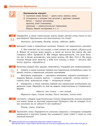90
Лексикология. Фразеология
Лексикология изучает:
1) значение слова: белый  — цвета снега, молока, мела;
2) отношения, в  которые оно вступает с  другими словами:
белый — черный (антонимы);
красный, алый (синонимы);
гуманный — гуманистический (паронимы);
боярин, дворня (историзмы) и  т. п.
200 Определите, в  какую тематическую группу входят данные слова. Какое из них
разговорное? Однозначные или многозначные эти слова?
Аккаунт, эксплорер, баннер, взлом, собачка, файл.
201 Выпишите слова в  переносном значении. Укажите тип переносного значения.
1. Эхо отвечает на что угодно, а тень ничего не сознает. (Хуань-цзы)
2. Верхи не хотели меня видеть, а низы не могли без смеха обо мне
говорить. (Вен. Ерофеев) 3. Мы твердо предчувствуем, что дело боль-
ше нас и более долговечно, чем наша жизнь. (В. Ван Гог) 4. На моем
оконце гнезда вьют метели, у тебя есть солнце, у меня — веселье. (Из
песни группы «АукцЫон»)
202 Выполнив каждый свое задание, обменяйтесь тетрадями для взаимопроверки.
А Укажите, в каком значении (прямом или переносном) употреблены слова. За-
мените глаголы в  переносном значении синонимами.
Заострить карандаш — заострить внимание, порвать отношения —
порвать брюки, сломать цветок — сломать упорство, злится метель —
злится отец, вспыхнула ссора — вспыхнула искра.
Б Определите, в  каком значении (прямом или переносном) использованы вы-
деленные слова. Образуйте по этой же модели словосочетания со словами-мета-
форами.
Образец: свет солнца — свет знаний.
Вершина горы, пламя костра, блеск молнии, копна сена.
203 Составьте с каждым существительным столько предложений, сколько значений
они имеют. Какие из значений переносные? Проверьте себя по словарю. О  ка-
ких значениях вы не забыли? В  чем ошиблись?
Рукав, ствол, отметка.
204 Прочитайте слова. Определите их значения. Сверьтесь с толковыми словарями
украинского и  русского языков. Как называются такие слова? У  каких из слов
значений больше?
Лексикология изучает:
1) значение слова: белый  — цвета снега, молока, мела;
2) отношения, в  которые оно вступает с  другими словами:
белый — черный (антонимы);
красный, алый (синонимы);
гуманный — гуманистический (паронимы);
боярин, дворня (историзмы) и  т. п.
Право для безоплатного розміщення підручника в мережі Інтернет має
Міністерство освіти і науки України http://mon.gov.ua/ та Інститут модернізації змісту освіти https://imzo.gov.ua
 