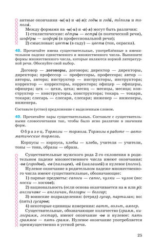 антные окончания ы( и) и а( я): годы и годà, тîполи и то
полÿ.
Между формами на ы( и) и а( я) могут быть различия:
1) стилистические: вåтры — ветрà (в поэтической речи),
шофёры — шоферà (в профессиональной речи);
2) смысловые: цветы (в саду) — цвета (тон, окраска).
48. Прочитайте имена существительные, употреблённые в имени
тельном падеже единственного и множественного числа. Выпишите
формы множественного числа, которые являются нормой литератур
ной речи. Обоснуйте свой выбор.
Договор — договоры, договора; директор — директоры,
директора; профессор — профессоры, профессора; автор —
авторы, автора; инструктор — инструкторы, инструктора;
корректор — корректоры, корректора; офицер — офицеры,
офицера; цех — цехи, цеха; месяц — месяцы, месяца; кон
структор — конструкторы, конструктора; токарь — токари,
токаря; слесарь — слесари, слесаря; инженер — инженеры,
инженера.
Составьте (устно) предложение с выделенным словом.
49. Прочитайте пары существительных. Составьте с существитель
ными словосочетания так, чтобы было ясно различие в значении
форм.
О б р а з е ц. Тормозы — тормоза. Тормозы в работе — авто
матические тормоза.
Корпусы — корпуса, хлебы — хлеба, учителя — учители,
тоны — тона, образы — образа.
Существительные мужского рода 2 го склонения в роди
тельном падеже множественного числа имеют окончания:
ов (городов), ев (пальцев), ей (шалашей) и нулевое (погон).
Нулевое окончание в родительном падеже множественно
го числа имеют существительные, обозначающие:
1) парные предметы: сапоги — сапог, чулки — чулок (но:
носки — носков);
2) национальность (если основа оканчивается на н или р):
англичане — англичан, болгары — болгар;
3) воинские подразделения: (отряд) гусар, партизан; но:
(пять) гусаров;
4) некоторые единицы измерения: ватт, вольт, ампер.
Существительные, обозначающие количество (грамм, ки
лограмм, гектар), имеют окончание ов и нулевое: пять
граммов — пять грамм. Нулевое окончание употребляется
преимущественно в устной речи.
25
 