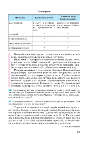Стили речи
Важнейшими факторами, влияющими на выбор стиля
речи, являются цель речи и речевая ситуация.
Цель речи — конкретная коммуникативная задача, кото
рую ставит перед собой говорящий, предполагаемый резуль
тат, к которому должна привести речь: что то сообщить, при
звать слушателя к чему либо, обменяться мнениями и др.
Речевая ситуация — это условия общения. Они создаются
окружающей обстановкой (она бывает неофициальной и
официальной) и характером адресата речи. Адресатом речи
может быть одно лицо или группа лиц, одного или разного
возраста, одного или разного общественного положения,
одного или разного пола. Речевая ситуация обусловливается
ответами на вопросы к т о ? к о м у ? ч т о ? г д е ? к о г д а ?.
57. Представьте, что вам нужно рассказать друзьям о своей туристи
ческой поездке. Какой может быть ваша коммуникативная задача? В
чём особенность речевой ситуации? Каким стилем речи вы воспользу
етесь в этой ситуации?
58. Послушайте тексты, которые прочитает один из учащихся. Что
их объединяет и в чём их различие?
I. Горностай — ценный пушной зверёк семейства куньих.
Летом мех буровато рыжий, зимой снежно белый, кончик хво
ста чёрный в течение всего года. Длина тела самца около 25 см
(самки несколько меньше), длина хвоста до 10 см. Распростра
нён в Европе, Азии и Северной Америке. Обитает чаще всего в
долинах рек, близ озёр, тростниковых зарослей, но встречает
ся и в лесах, перелесках, горных россыпях и на полях.
Из энциклопедии
29
Название Где используется
Основные виды
высказываний
разговорный в быту, в неофици
альных отношениях
на производстве и
т. п.
разговор на бытовые
темы, письмо к близ
ким людям
научный ? ?
художественный ? ?
официально деловой ? ?
публицистический ? ?
 