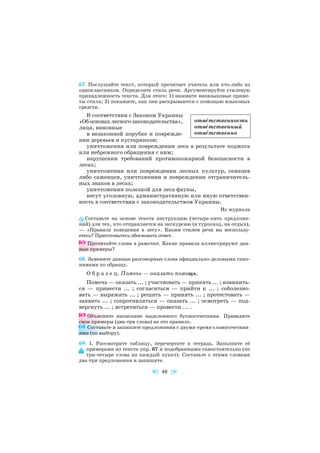 67. Послушайте текст, который прочитает учитель или кто либо из
одноклассников. Определите стиль речи. Аргументируйте стилевую
принадлежность текста. Для этого: 1) назовите внеязыковые приме
ты стиля; 2) покажите, как они раскрываются с помощью языковых
средств.
В соответствии с Законом Украины
«Об основах лесного законодательства»,
лица, виновные
в незаконной порубке и поврежде
нии деревьев и кустарников;
уничтожении или повреждении леса в результате поджога
или небрежного обращения с ним;
нарушении требований противопожарной безопасности в
лесах;
уничтожении или повреждении лесных культур, сеянцев
либо саженцев, уничтожении и повреждении отграничитель
ных знаков в лесах;
уничтожении полезной для леса фауны,
несут уголовную, административную или иную ответствен
ность в соответствии с законодательством Украины.
Из журнала
Составьте на основе текста инструкцию (четыре пять предложе
ний) для тех, кто отправляется на экскурсию (в турпоход, на отдых),
— «Правила поведения в лесу». Каким стилем речи вы воспользу
етесь? Приготовьтесь обосновать ответ.
Прочитайте слова в рамочке. Какие правила иллюстрируют дан
ные примеры?
68. Замените данные разговорные слова официально деловыми сино
нимами по образцу.
О б р а з е ц. Помочь — оказать помощь.
Помочь — оказать ... ; участвовать — принять ... ; извинить
ся — принести ... ; согласиться — прийти к ... ; соболезно
вать — выражать ... ; решить — принять ... ; протестовать —
заявить ... ; сопротивляться — оказать ... ; осмотреть — под
вергнуть ... ; встретиться — провести ... .
Объясните написание выделенного буквосочетания. Приведите
свои примеры (два три слова) на это правило.
Составьте и запишите предложения с двумя тремя словосочетани
ями (по выбору).
69. І. Рассмотрите таблицу, перечертите в тетрадь. Заполните её
примерами из текста упр. 67 и подобранными самостоятельно (по
три четыре слова на каждый пункт). Составьте с этими словами
два три предложения и запишите.
46
отвåтственность
отвåтственный
отвåтственно
 