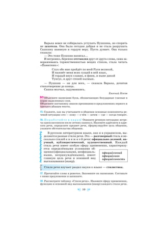 Варька вовсе не собиралась уступать Пушкина, но спорить
не захотела. Она была сегодня добрая и не стала разрушать
Сашкину наивную и гордую веру. Пусть думает. Она только
сказала:
— Это тоже Пушкин написал...
И негромко, бережно отставляя друг от друга слова, сама за
вораживаясь торжественностью вещих стихов, стала читать
«Памятник»:
Слух обо мне пройдёт по всей Руси великой,
И назовёт меня всяк сущий в ней язык,
И гордый внук славян, и финн, и ныне дикой
Тунгус, и друг степей калмык.
— Пушкин — он для всех, — сказала Варька, дочитав
стихотворение до конца.
Сашка молчал, задумавшись.
Евгений Носов
Объясните написание букв, обозначающих безударные гласные в
корне выделенных слов.
Объясните постановку знаков препинания в предложениях первого и
третьего абзацев текста.
15. Скажите, как вы учитываете в общении основные компоненты ре
чевой ситуации: кто — кому — о чём — зачем — где — когда говорит.
16. П о р а б о т а й т е в п а р а х! Опишите речевую ситуацию: встре
ча одноклассников после летних каникул. Назовите адресанта и адре
сата речи, определите предмет речи, сформулируйте цель общения,
укажите обстоятельства общения.
В русском литературном языке, как и в украинском, вы
деляются разные стили речи. Это — разговорный стиль и не
сколько стилей к н и ж н о й речи: официально деловой, на
учный, публицистический, художественный. Каждый
стиль речи имеет особую сферу применения, характеризу
ется определёнными условиями об
щения (официальными, неофициаль
ными, непринуждёнными), имеет
главную цель речи и основной вид
высказывания (жанр).
Стили речи изучает раздел науки о языке — стилистика.
17. Прочитайте слова в рамочке. Запомните их написание. Составьте
с ними предложения и запишите.
18. Рассмотрите таблицу «Стили речи». Назовите сферу применения,
функцию и основной вид высказывания (жанр) каждого стиля речи.
10
официàльный
официàльно
официàльность
 