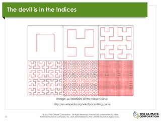 The devil is in the Indices




                                   Image: Six iterations of the Hilbert curve
                                http://en.wikipedia.org/wiki/Space-filling_curve



                   © 2012 The Climate Corporation. All Rights Reserved. Policies are underwritten by State
12               National Insurance Company, Inc. and administered by The Climate Insurance Agency LLC.
 