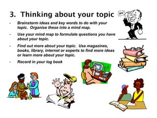 3. Thinking about your topic
-   Brainstorm ideas and key words to do with your
    topic. Organise these into a mind map.
-   Use your mind map to formulate questions you have
    about your topic.
-   Find out more about your topic. Use magazines,
    books, library, internet or experts to find more ideas
    or learn more about your topic.
-   Record in your log book
 
