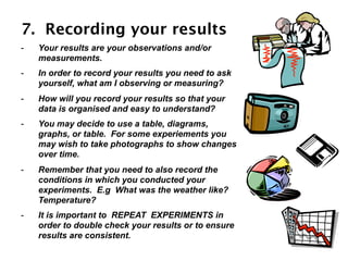 7. Recording your results
-   Your results are your observations and/or
    measurements.
-   In order to record your results you need to ask
    yourself, what am I observing or measuring?
-   How will you record your results so that your
    data is organised and easy to understand?
-   You may decide to use a table, diagrams,
    graphs, or table. For some experiements you
    may wish to take photographs to show changes
    over time.
-   Remember that you need to also record the
    conditions in which you conducted your
    experiments. E.g What was the weather like?
    Temperature?
-   It is important to REPEAT EXPERIMENTS in
    order to double check your results or to ensure
    results are consistent.
 