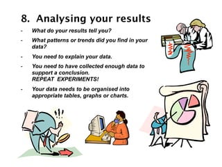 8. Analysing your results
-   What do your results tell you?
-   What patterns or trends did you find in your
    data?
-   You need to explain your data.
-   You need to have collected enough data to
    support a conclusion.
    REPEAT EXPERIMENTS!
-   Your data needs to be organised into
    appropriate tables, graphs or charts.
 