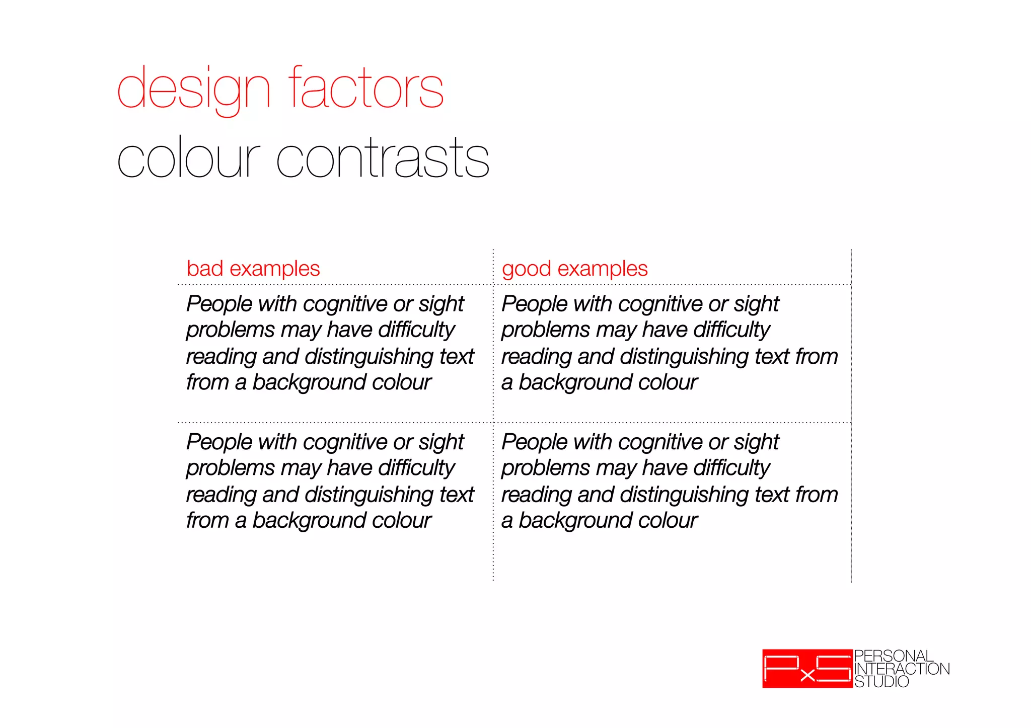 design factors!
colour contrasts
   bad examples
                     good examples
   People with cognitive or sight    People with cognitive or sight
   problems may have difﬁculty       problems may have difﬁculty
   reading and distinguishing text   reading and distinguishing text from
   from a background colour
         a background colour

   People with cognitive or sight    People with cognitive or sight
   problems may have difﬁculty       problems may have difﬁculty
   reading and distinguishing text   reading and distinguishing text from
   from a background colour
         a background colour
 