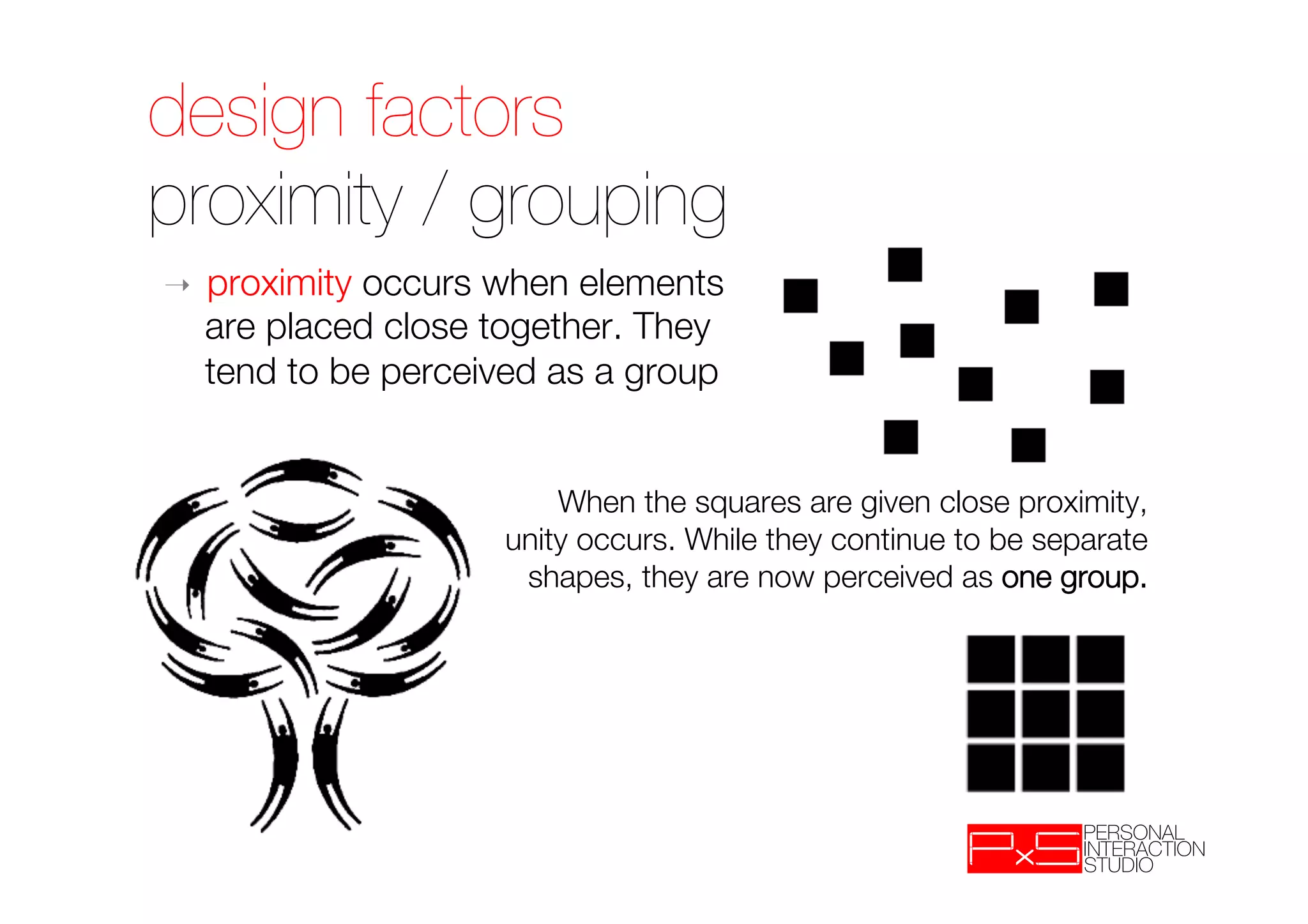 design factors!
proximity / grouping
➝    proximity occurs when elements "
     are placed close together. They "
     tend to be perceived as a group
                                                                      
                                                                      
                           When the squares are given close proximity, "
                       unity occurs. While they continue to be separate "
                        shapes, they are now perceived as one group.
 